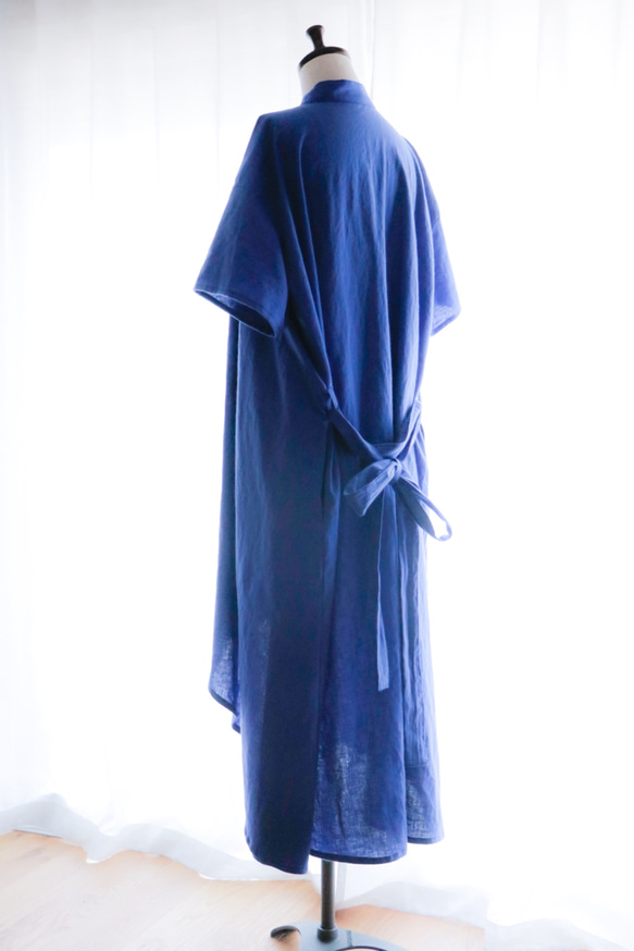 棉麻喇叭形襯衫裙 * 寶藍色 第10張的照片