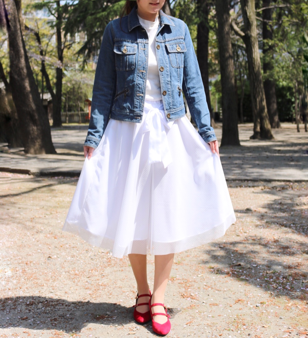 ドットチュールのリボンフレアパンツ＊ホワイト