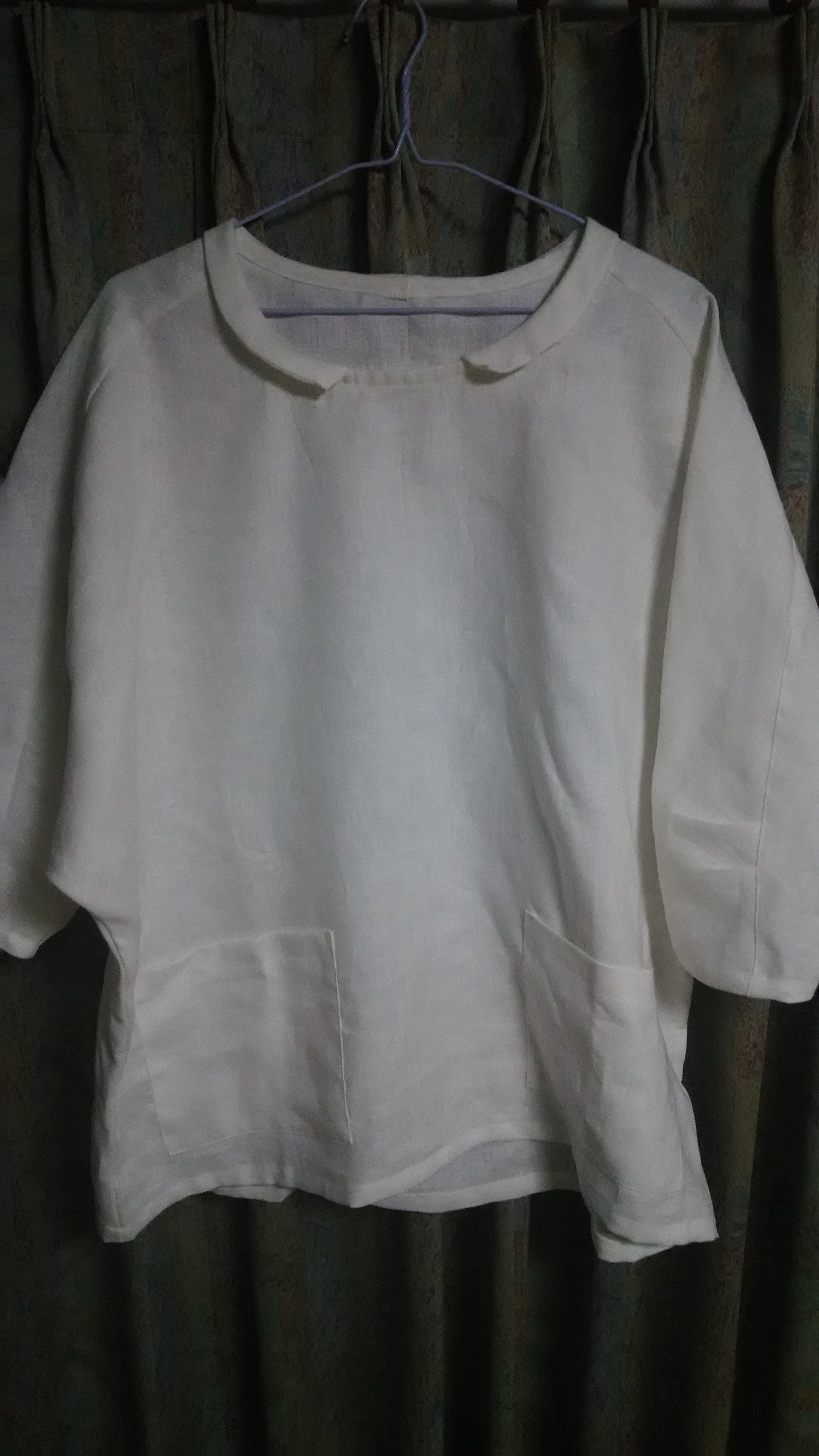 新品オーダーメイドメンズシロリネンチビ襟ドルマン七分袖ワイドブラウスサイズフリー