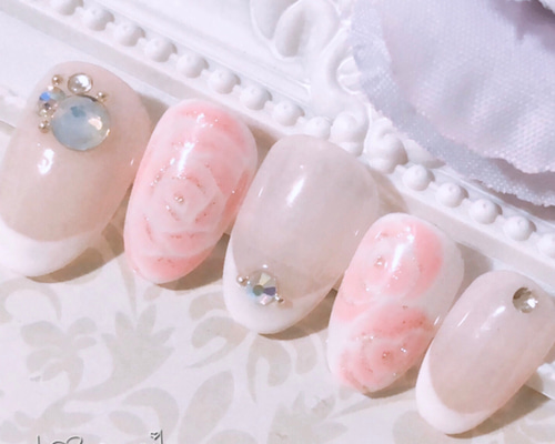 フレンチネイル 〜バラのアート ブライダル 上品〜 ネイルチップ