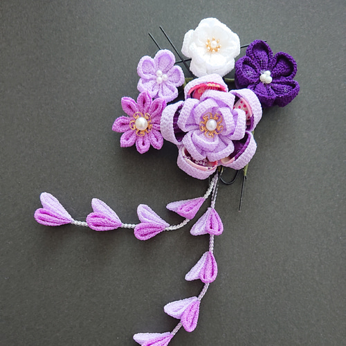 七五三・浴衣・つまみ細工髪飾り紫カメリア&小花 かんざし koa 通販
