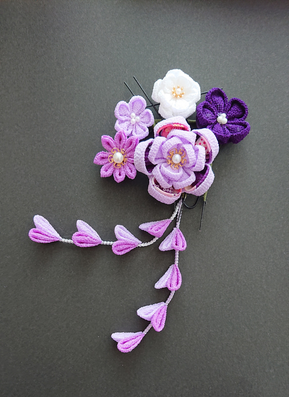 七五三・浴衣・つまみ細工髪飾り紫カメリア&小花 かんざし koa 通販