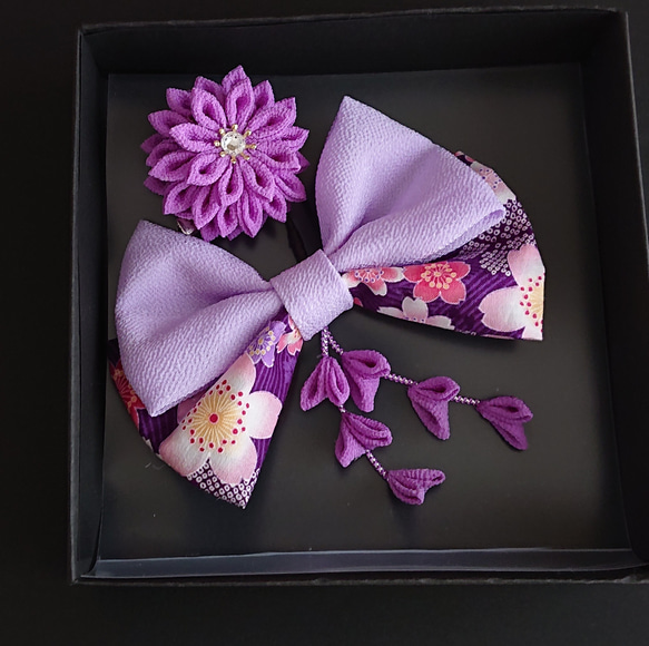 七五三・卒業式つまみ細工髪飾りリボン&お花・紫(小) 1枚目の画像