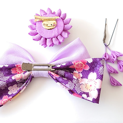 七五三・卒業式つまみ細工髪飾りリボン&お花・紫(小) 2枚目の画像