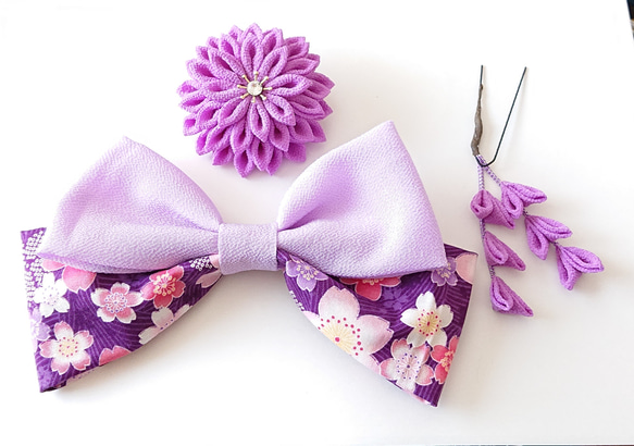 七五三・卒業式つまみ細工髪飾りリボン&お花・紫(小) 3枚目の画像