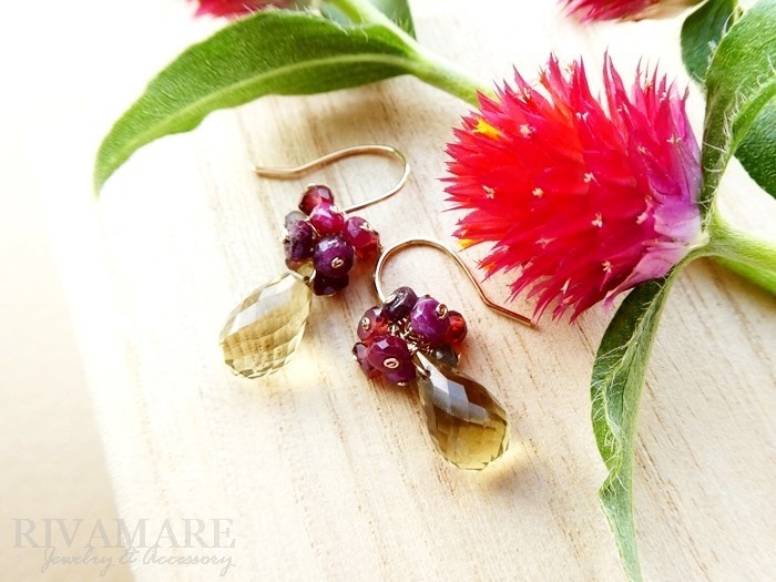 最上品質 宝石質スモーキークォーツ ライトカラー 大粒12mm ルビー モザンビークガーネット ラブラドライト ピアス