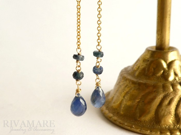 伝統的な青い宝石 ブルーサファイア ドロップ ボタンカット ロングピアス 7枚目の画像