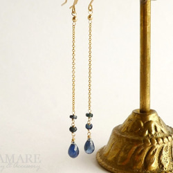 伝統的な青い宝石 ブルーサファイア ドロップ ボタンカット ロングイヤリング 6枚目の画像