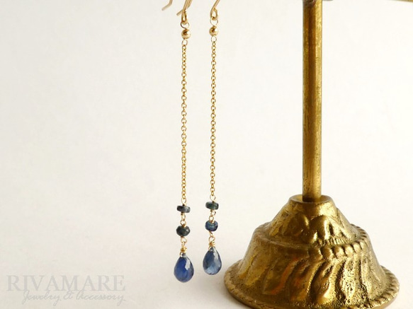 伝統的な青い宝石 ブルーサファイア ドロップ ボタンカット ロングイヤリング 6枚目の画像
