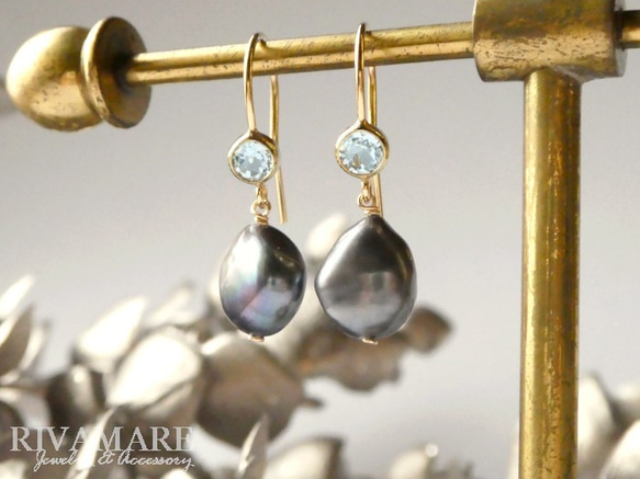 宝石質ブラックカラープレシャスオパール 2種カットK10ロングフックピアス 淡水ブラックバロックパール 約10mm スカイブルートパーズ 黒真珠