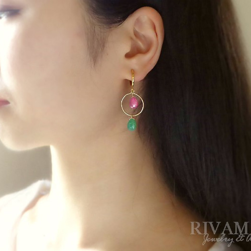 ちか☺︎ 1点☆ペアシェイプ型カルセドニーピアス 片恋花のベニエ」フューシャピンクカルセドニー クリソプレーズ