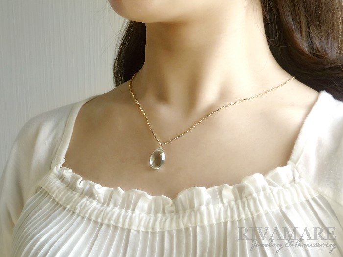 約15mm 超大粒グリーンアメジスト プラシオライト 約7カラット ペアシェイプ ネックレス