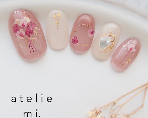 花柄クリアピンクネイルチップ5枚セット 106番☆ネイルチップ ピンク紫派手フラワーカラフル花柄キラキラ