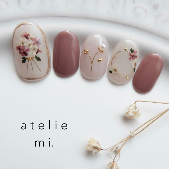 ドライフラワーブーケのくすみテラコッタネイルチップ*ブライダル  