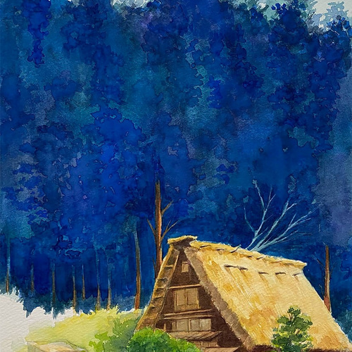 オリジナルアート「群青の森」水彩、手描き原画 1点物