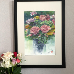 オリジナルアート作品「花とガラス瓶」水彩　手描き　1点物　真筆 1枚目の画像