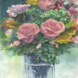 オリジナルアート作品「花とガラス瓶」水彩　手描き　1点物　真筆 2枚目の画像