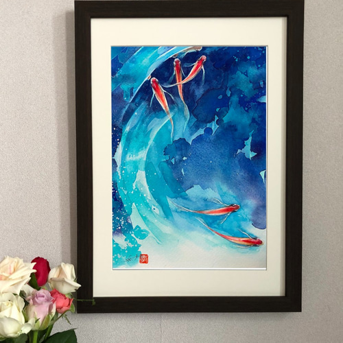 水彩アート「赤メダカ」手描き原画 1点物。
