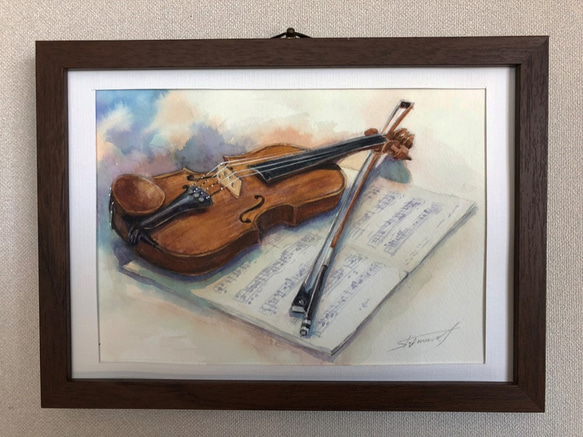 オリジナルアート作品「ヴァイオリン」水彩、手描き、1点物、真筆
