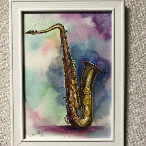水彩アート「初雪」1点物、手描き、真筆 オリジナルアート作品「サックス」水彩、手描き、1点物、真筆