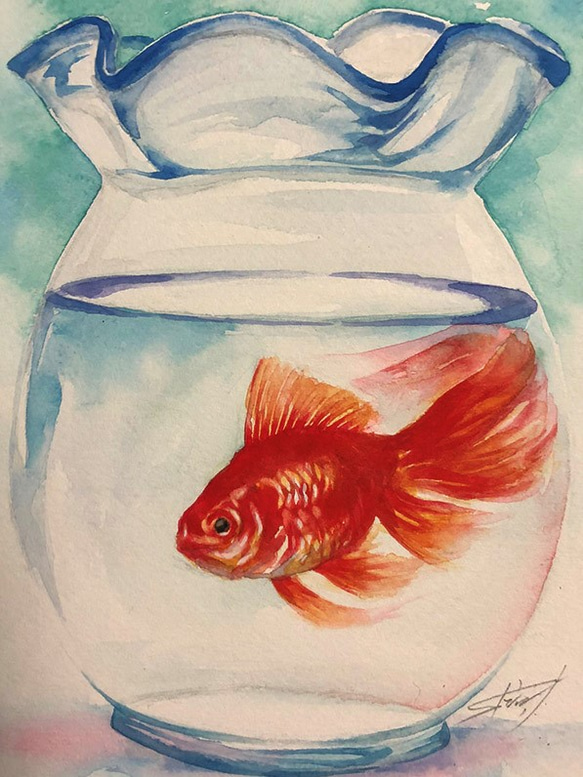 オリジナルアート作品「金魚」手描き原画、1点物、真筆 2枚目の画像