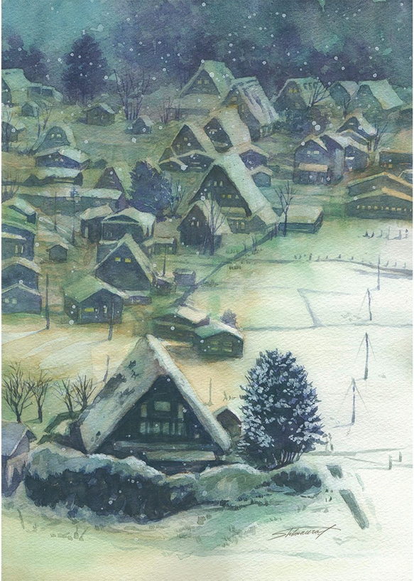 ご注文制作A4「冬の集落」水彩　手描き　1点物。送料無料　 3枚目の画像