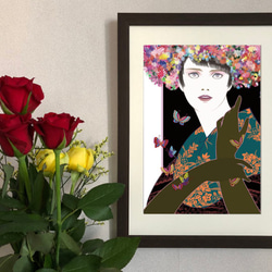 オリジナルアートA4ポスター「花帽子の女 WH」　 1枚目の画像