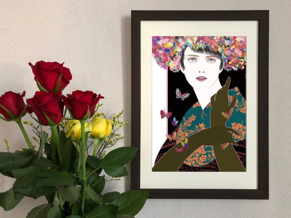 オリジナルアートA4ポスター「花帽子の女 WH」　 1枚目の画像