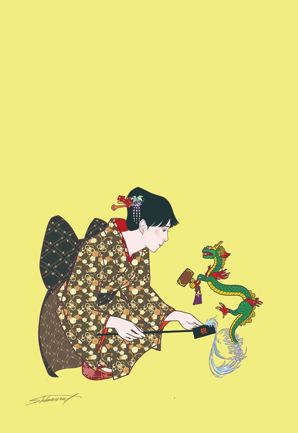 オリジナルアートA4ポスター「龍とお手水　イエロー」 3枚目の画像