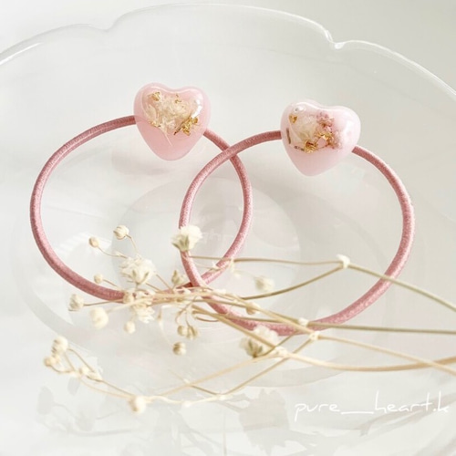 ヘアゴム レジン オーバル型 天然石ローズクォーツと桜とお花