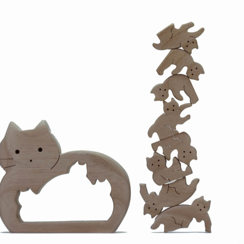 木製親子猫　61cm ネコの親子 こども4匹入りの木製パズル その他インテリア雑貨