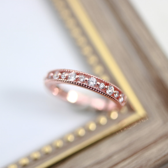 【MR11】華奢な透かしレースの指輪／K18ピンクゴールド仕上げ　キラキラCZダイヤモンド　重ね付けに 10枚目の画像