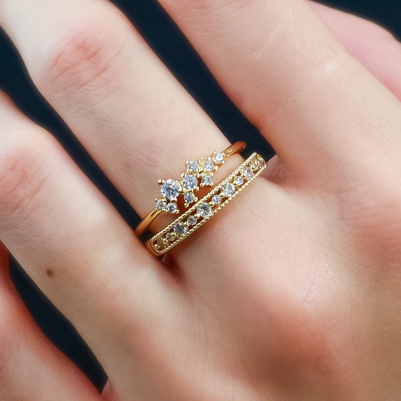【MR10】華奢な透かしレースの指輪／K18YG仕上げ　キラキラCZダイヤモンド　重ね付けに 5枚目の画像