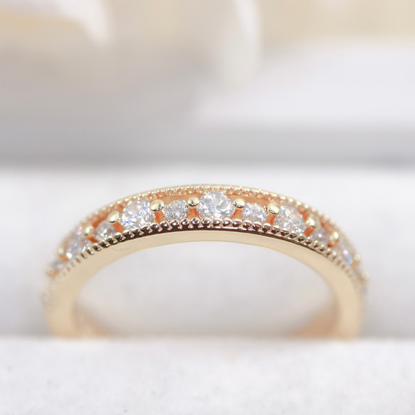 【MR10】華奢な透かしレースの指輪／K18YG仕上げ　キラキラCZダイヤモンド　重ね付けに 9枚目の画像