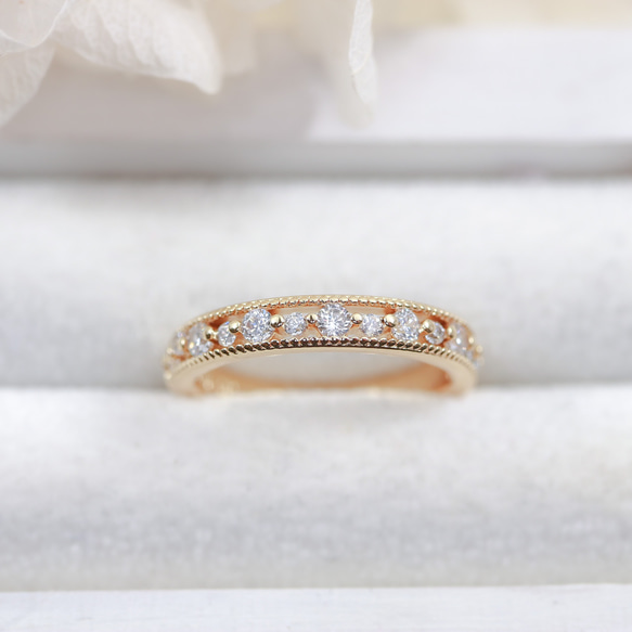 【MR10】華奢な透かしレースの指輪／K18YG仕上げ　キラキラCZダイヤモンド　重ね付けに 10枚目の画像