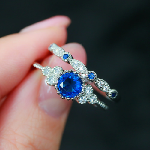 MR07】《2本セット》豪華な透かしレース サファイアのリング・指輪