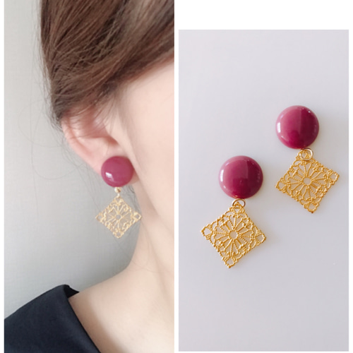 ハンドメイド ボルドーカボション スクエアパーツ サージカル ピアス 