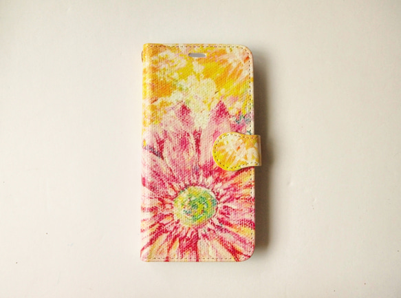 受注制作/イエローとピンクのガーベラの花の絵 手帳型スマホケース 3枚目の画像