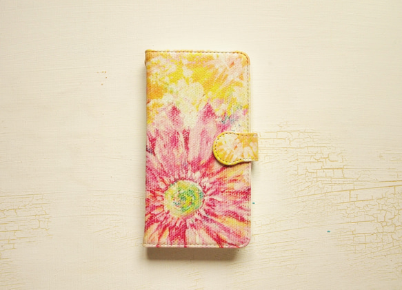 受注制作/イエローとピンクのガーベラの花の絵 手帳型スマホケース 6枚目の画像