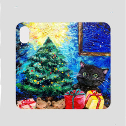 Creema限定  受注制作 / クリスマスツリーとくろねこ 手帳型スマホケース 1枚目の画像