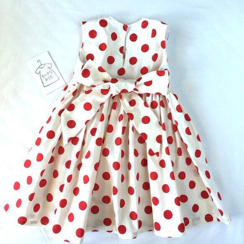 再販オーダーメイド赤×オフホワイト 水玉フレアーワンピース size80
