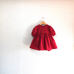 オーダーメイド   濃赤バックリボンプリンセスワンピース 七分袖 size80〜110  ・ 大人スカート set 3枚目の画像