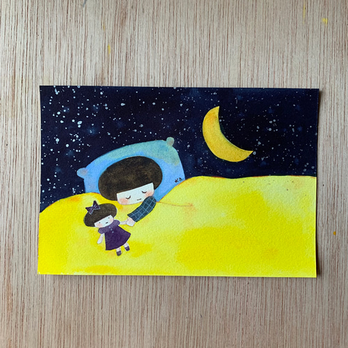 月夜のホゥホゥさん　(size8x10)　小さな絵　原画　水彩画 月夜のホゥホゥさん (size8x10) 小さな絵 原画 水彩画