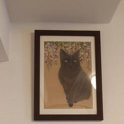 B5サイズ【手描き原画★１点もの】黒猫と藤の花【マット入りの額つき】 2枚目の画像