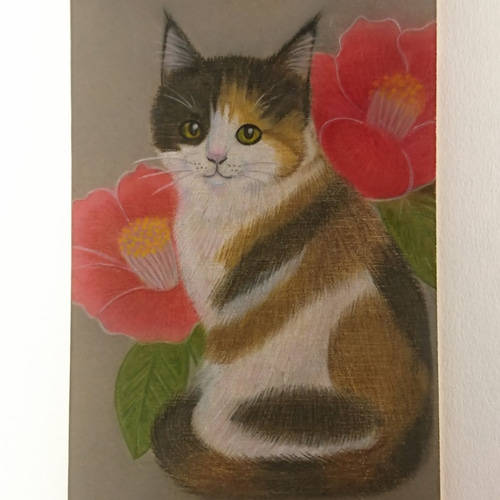 他サイトで売れました☆現在展示のみ「椿と三毛猫」 絵画 猫画家