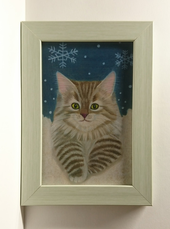 ﾎﾟｽﾄｶｰﾄﾞｻｲｽﾞ【手描き原画★１点もの】雪猫【簡易額つき】 2枚目の画像