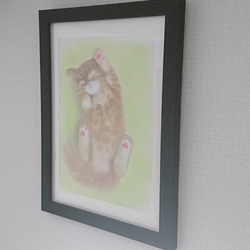 B5サイズ【手描き原画★１点もの】ふんわりヘソ天子猫【マット入りの額つき】 2枚目の画像