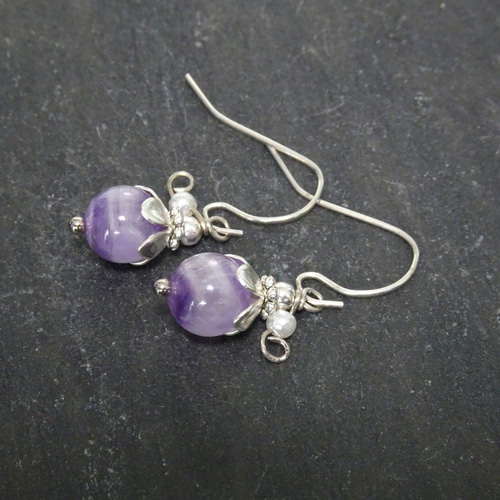 天然石アメジスト・シルバー花ピアス/イヤリング ピアス（フック