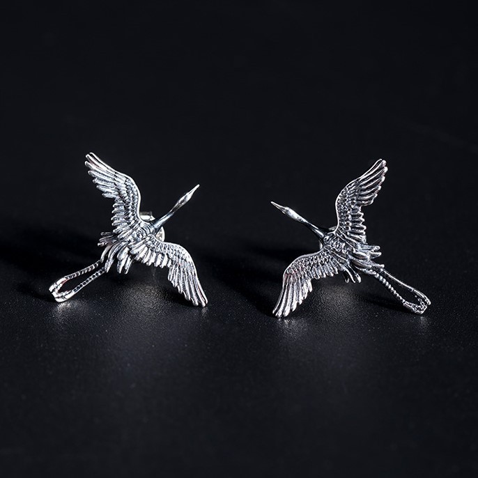 ＜受注制作＞鶴のピアス　つる　シルバー　P004