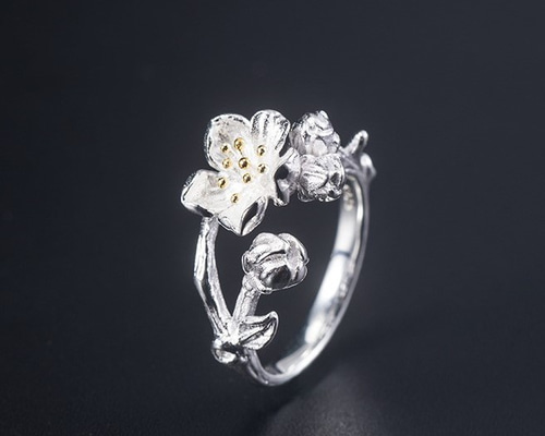 N74 梅の花模様の丸いシルバーリング silver 刻印 リング 梅 16号 受注制作＞梅の花のリング うめ はな シルバー R074 指輪